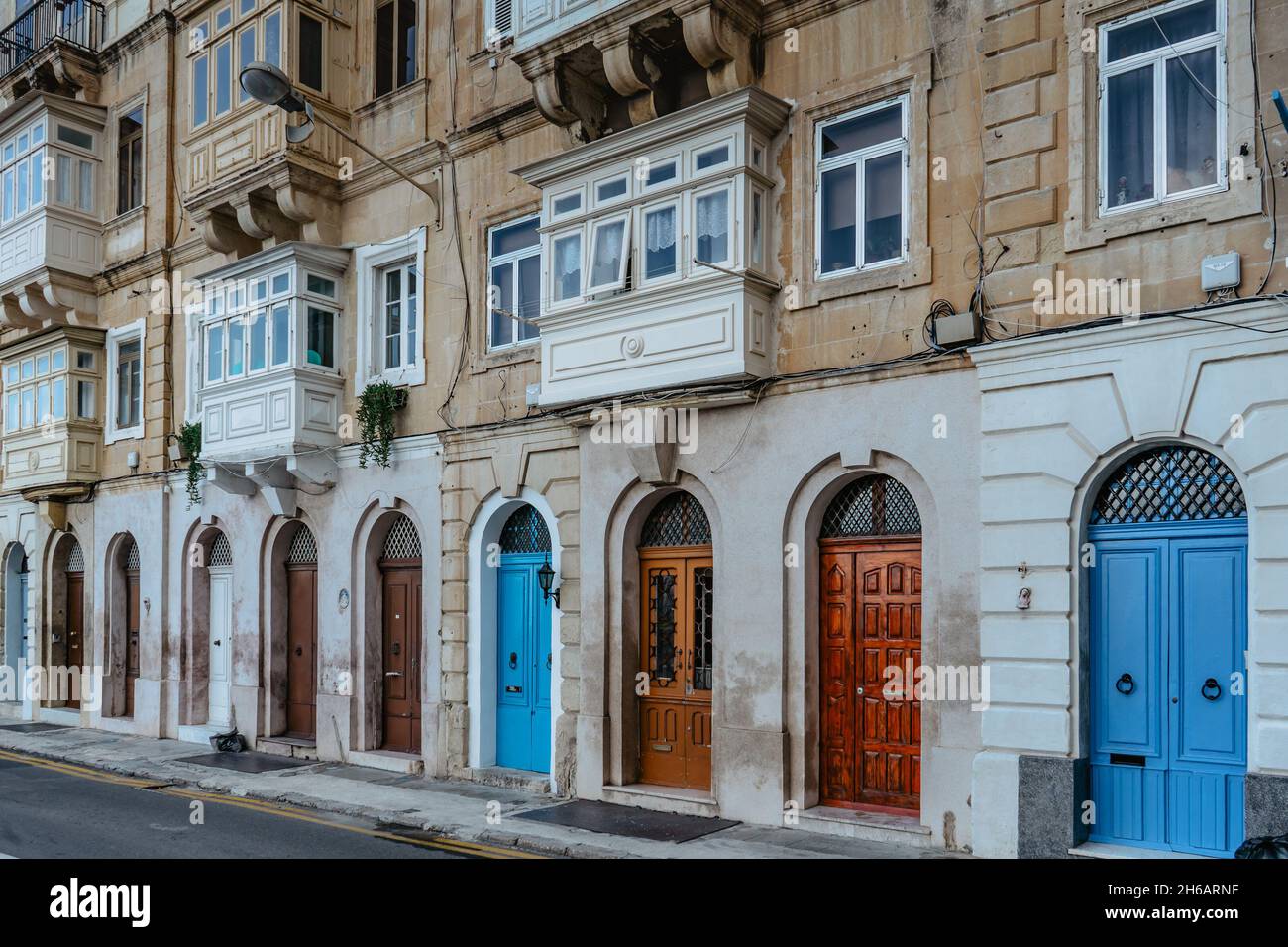 Traditional colorful Maltese doors in Valletta.Front doors to houses