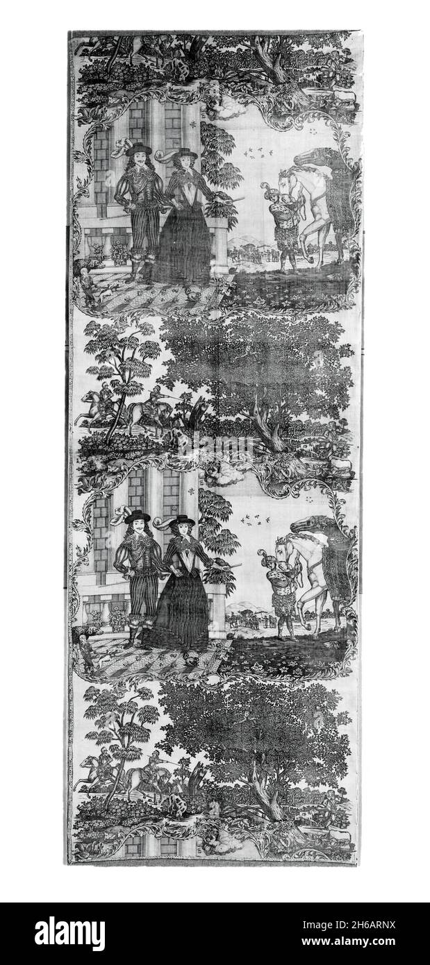 Panel (Furnishing Fabric), England, c. 1785. Lady and gentleman, turbanned groom with horses, riders and hunting dogs. After Daniel Mytens the elder, manufactured by Sir Robert Peel. Stock Photo