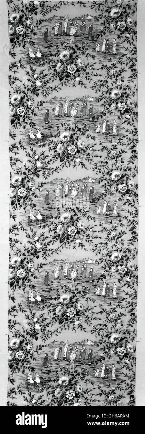 Panel (Furnishing Fabric), United States, c. 1880/90. Floral print with vignettes of girls in bonnets, after Kate Greenaway, engraved and printed by Edmund Evans. Stock Photo