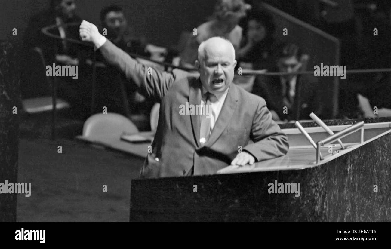 NIKITA  KHRUSHCHEV (1894-1971) making  a speech at the United Nations General  Assembly on Tuesday, 29 September,1960 Stock Photo