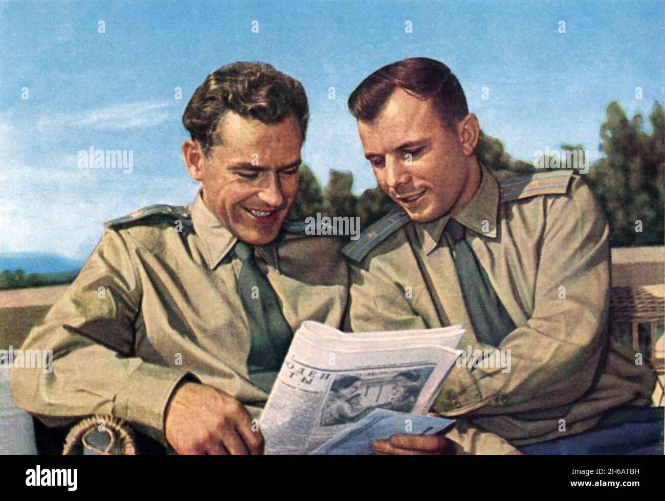 YURI GAGARIN (1934-1988) Soviet astronaut  at right with fellow space pioneer Gherman Titov (1935-2000) in 1961 respectively the pilots of Vostok 1 and Vostok 2. Stock Photo