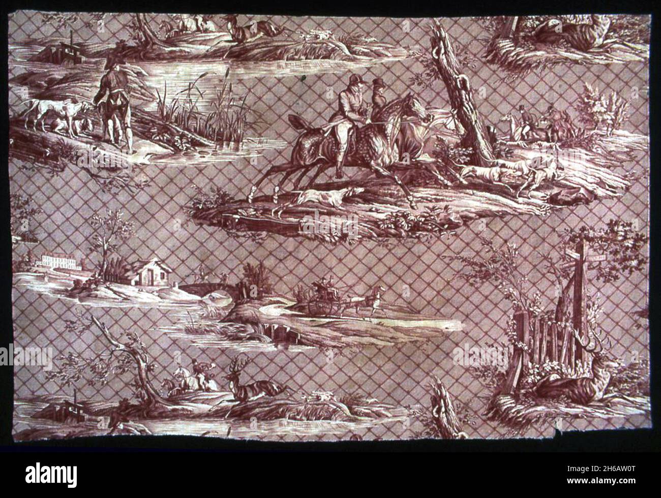La Route de Jouy (The Route to Jouy) (Furnishing Fabric), France, 1815. Designed by Horace Vernet, engraved by Pierre Guillaime Lemeunnie, manufactured by Oberkampf Manufactory. Stock Photo