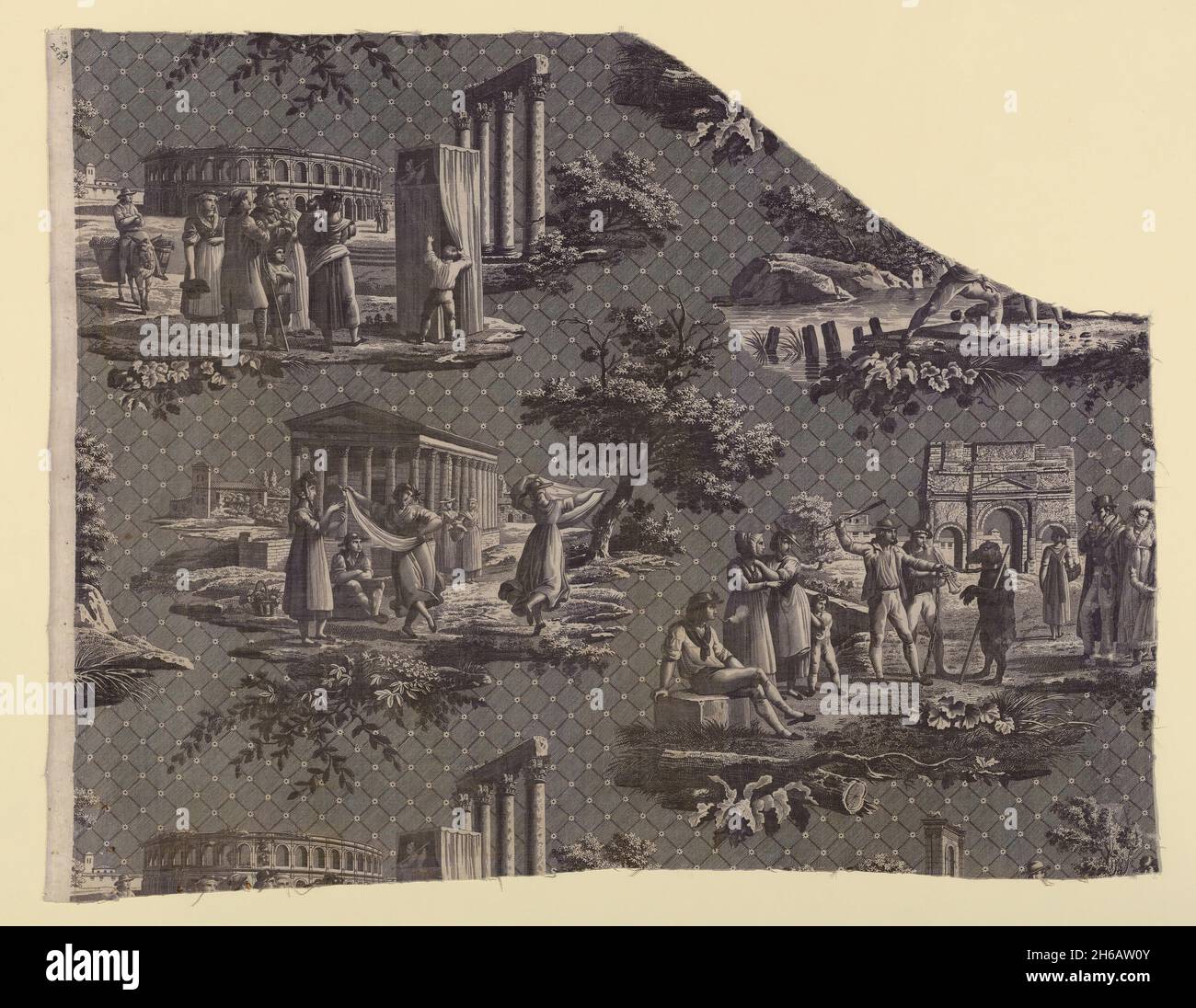 Les Monuments du Midi (Monuments of the South of France) (Furnishing Fabric), France, c.1811. Designed by Hippolyte Lebas, engraved by Nicolas Auguste Leisnier after etchings by Bartolomeo Pinelli. Stock Photo
