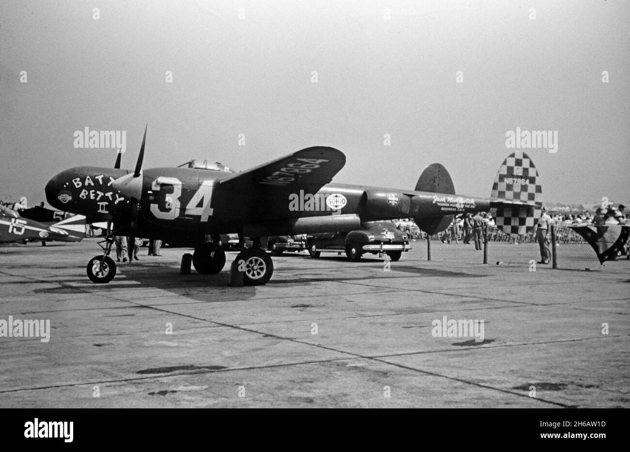 Vintage photograph taken in September 1948 at Cleveland, Ohio, USA. Photo shows an aircraft at an Airshow or Air Race. A Lockheed F-5G Lightning, 'Batty Betty II', serial number N67864. Stock Photo