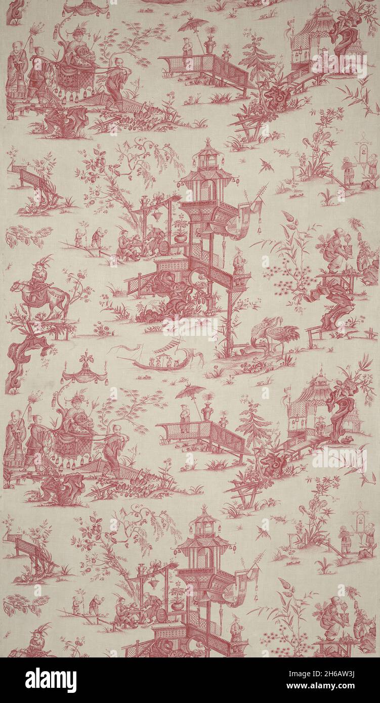 Panel (Furnishing Fabric), Nantes, c. 1786. Chinese-inspired pattern with teahouses, pagodas, exotic birds and nobles being carried in litters. Designed by Jean Baptiste Hu&#xeb;t after Jean Baptiste Pillement. Stock Photo
