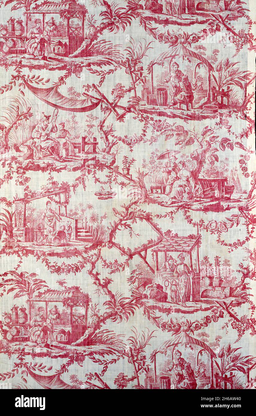 Chinoiseries (Furnishing Fabric), France, c. 1780. Chinese-influenced pattern, floral print with vignettes of people. Designed by Jean Baptiste Pillement after engravings by Pierre Charles Canot, Manufactured by Christophe Phillipe Oberkampf. Stock Photo