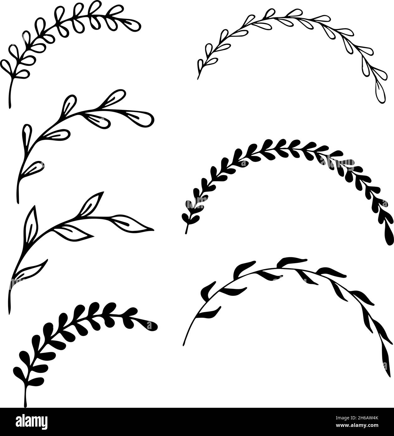 Set of hand drawn doodle tree branches with leaves on white background ...