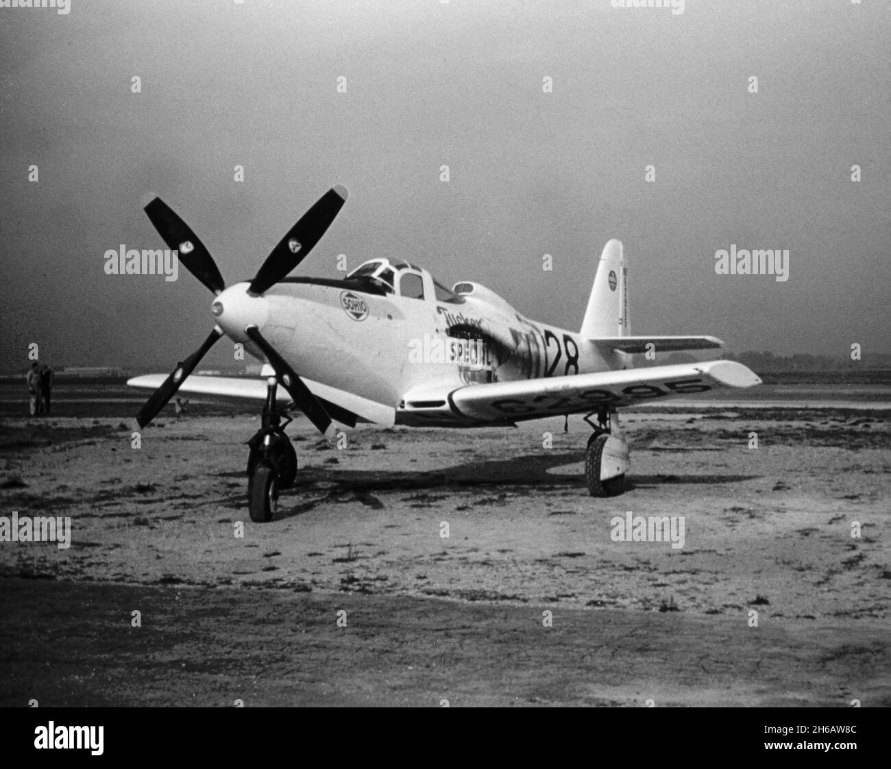 Vintage photograph taken in September 1948 at Cleveland, Ohio, USA. Photo shows an aircraft at an Airshow or Air Race. A Bell P-63C King Cobra, serial number N62995. A racer converted from a USAF fighter. Stock Photo