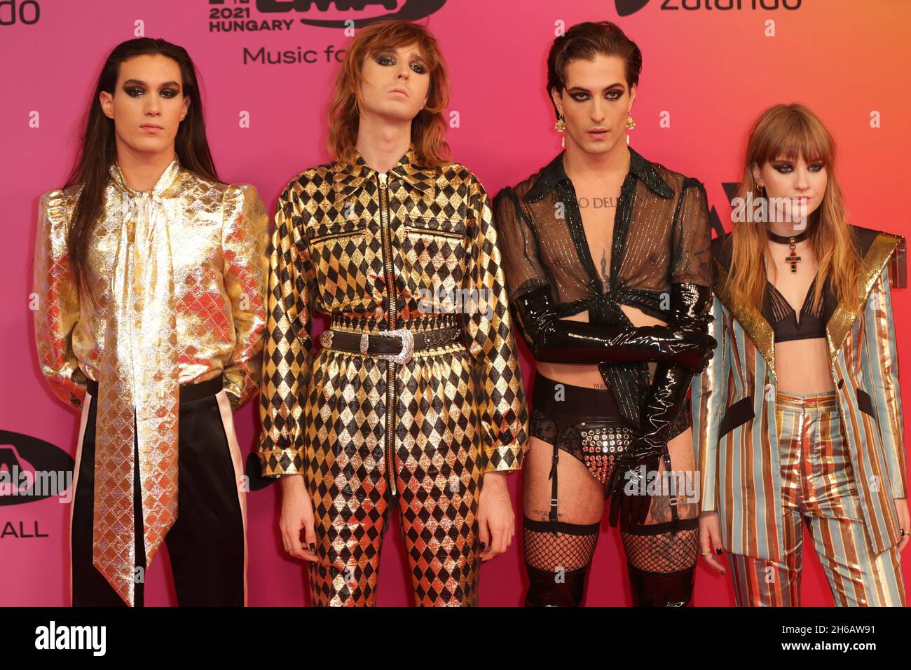 Budapest, Hungary. 14th Nov, 2021. (From L to R) Ethan Torchio, Thomas Raggi, Damiano David and Victoria De Angelis of the band Maneskin arrive at the MTV Europe Music Awards in Budapest, Hungary on Sunday, November 14, 2021. Photo by Sven Hoogerhuis/UPI Credit: UPI/Alamy Live News Stock Photo