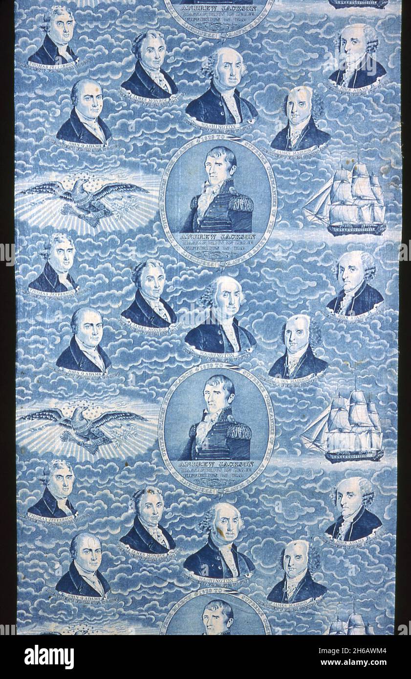 Panel (Furnishing Fabric), England, c. 1830. Portraits of US presidents with eagle and sailing ship motifs. Stock Photo