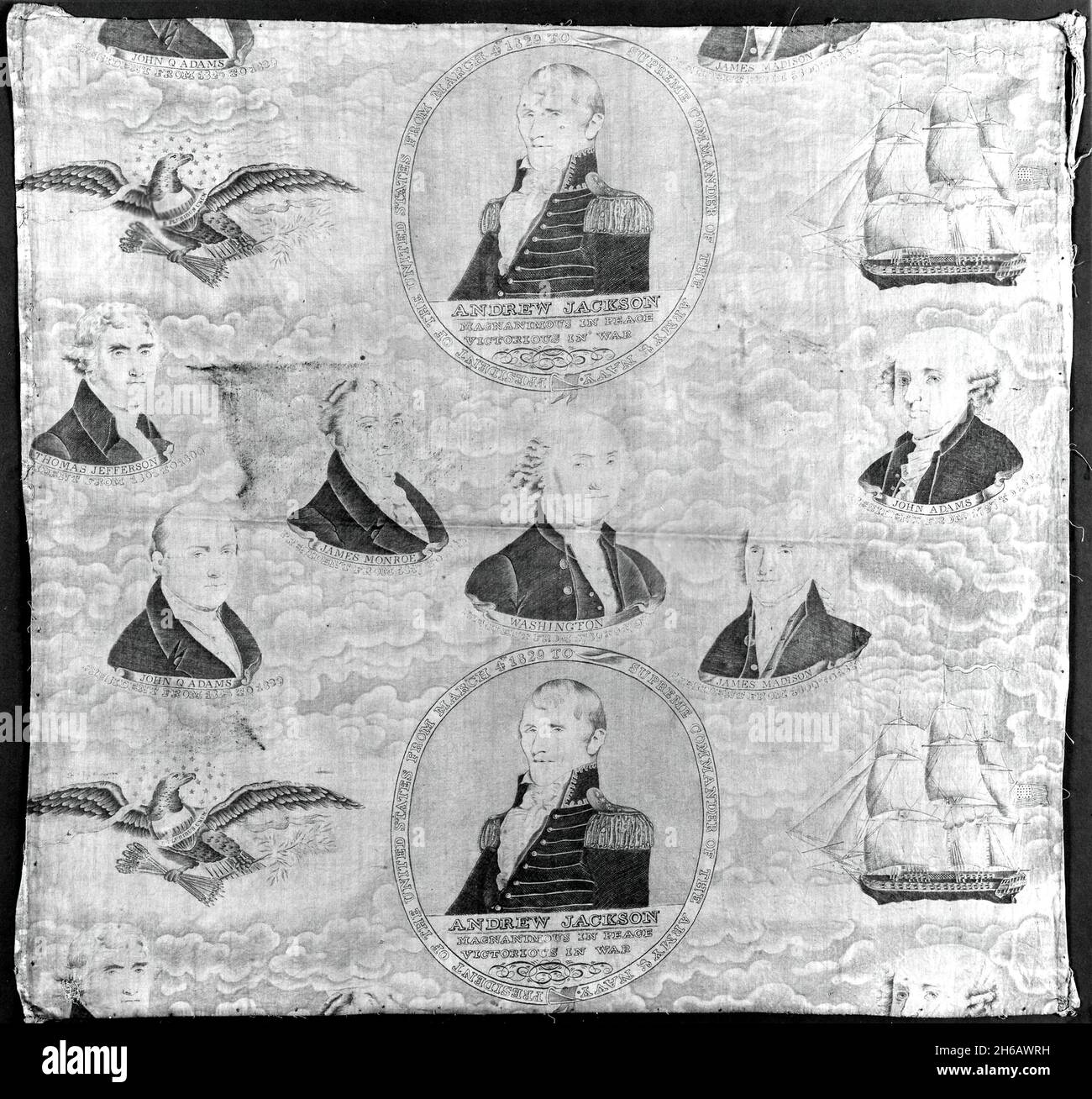 Fragment (Furnishing Fabric), England or United States, c. 1837. Portraits of US presidents with eagle and sailing ship motifs. Stock Photo