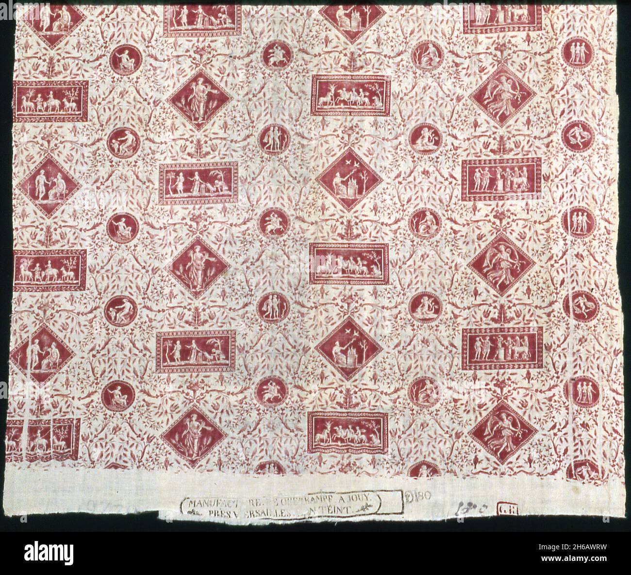 Panel (Furnishing Fabric), France, 1795/99. Neoclassical vignettes with floral pattern. Engraved by Giovanni Volpato after Raphael, manufactured by Oberkampf Manufactory. Stock Photo