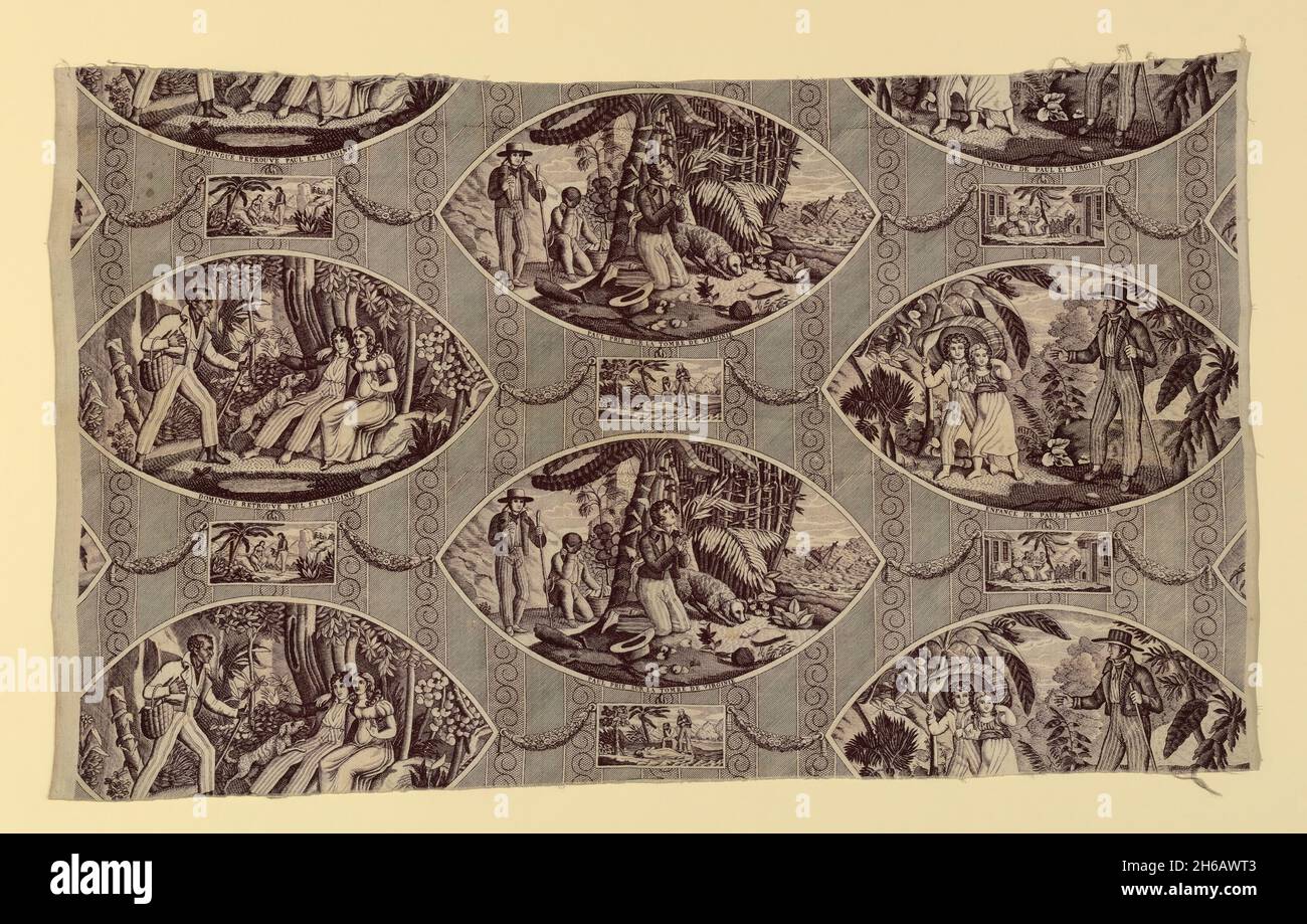 'Paul and Virginie', Furnishing Fabric, France, after 1818. Engraved by Tony Johannot and others after works by Jean Michel Moreau and Jean Frederic Schall, based on the story by Bernardin de Saint-Pierre, manufactured by Oberkampf Manufactory. Stock Photo