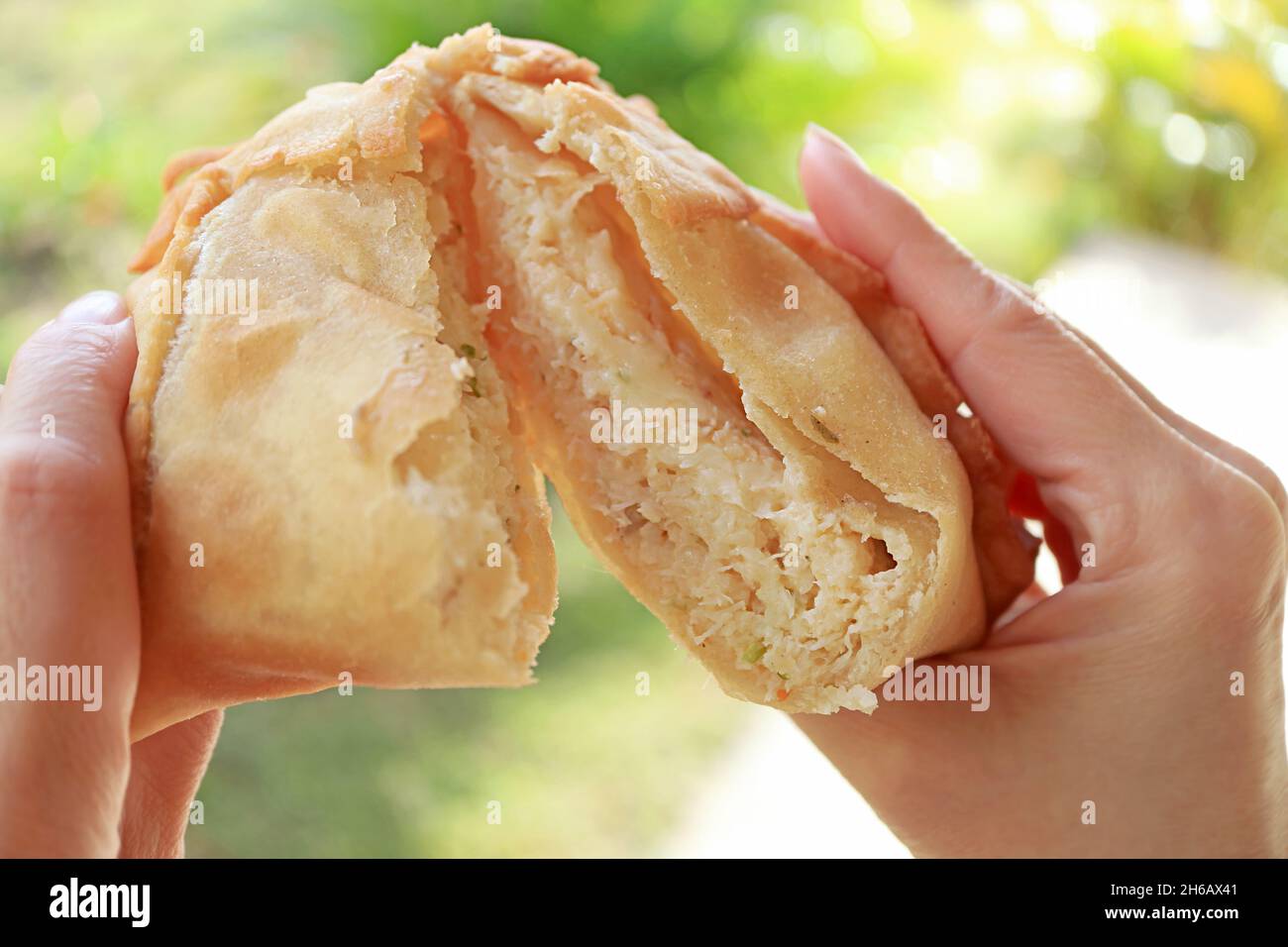 Mouthwatering Empanadas de jaiba or crab meat filled Chilean puff pastry in woman's hands Stock Photo