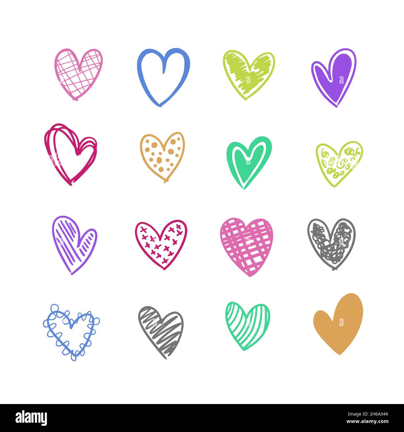 Sixteen handmade colorful vector hearts in different colors and styles ...