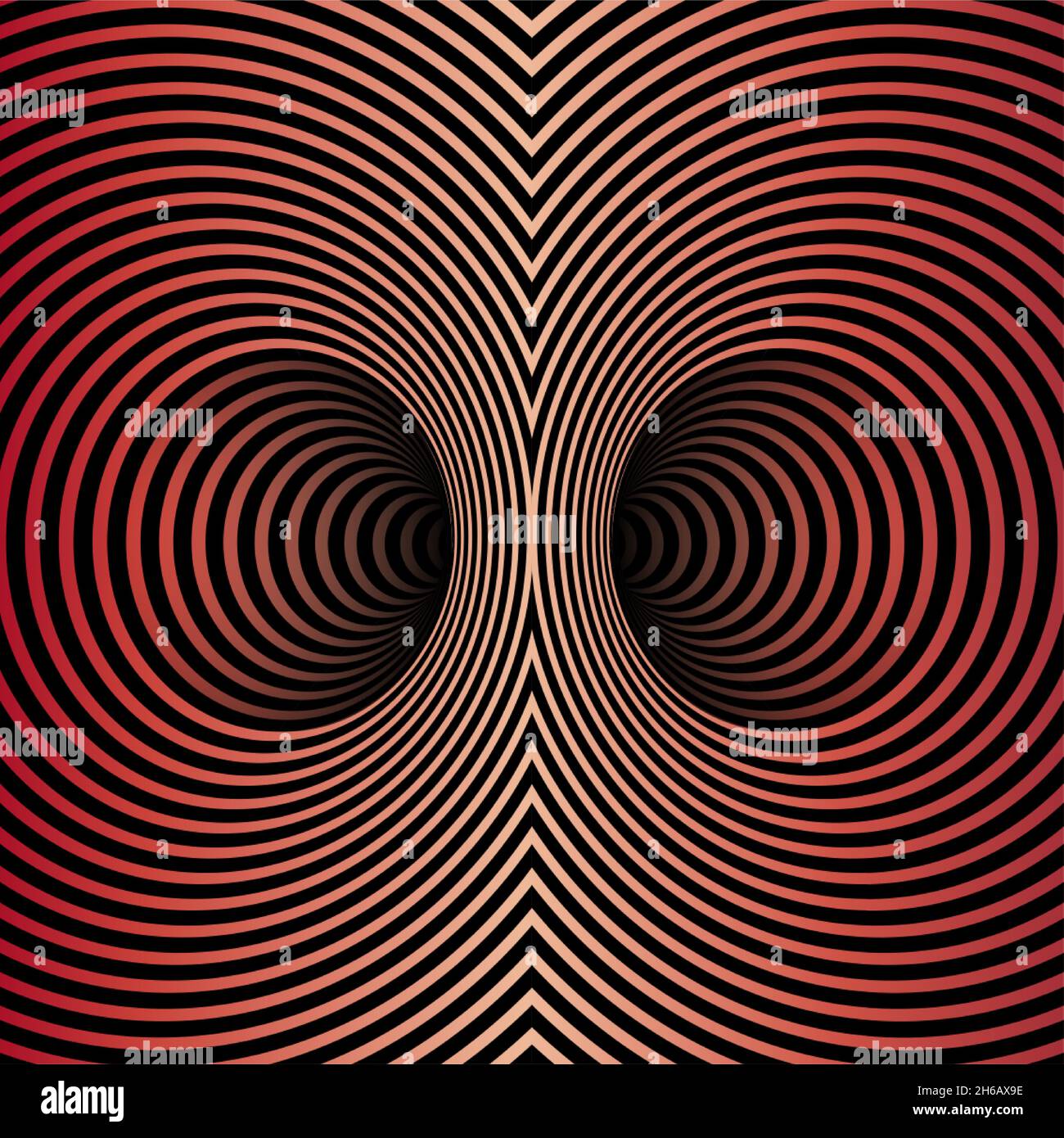 Wormhole Optical Illusion, Geometric dark red gradient Abstract Hypnotic Double Worm Hole Tunnel, Abstract Twisted Vector Illusion 3D Optical Art Stock Vector