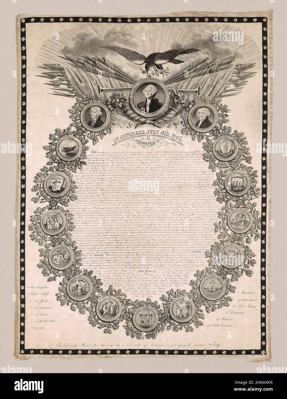 Panel (Furnishing Fabric), Lyon, 1820. 'In Congress, July 4th 1776, The Unanimous Declaration of the Thirteen United States of America', text of the US Declaration of Independence with portraits of presidents and crests of the 13 states. Manufactured by H. Brunet et Cie. Stock Photo