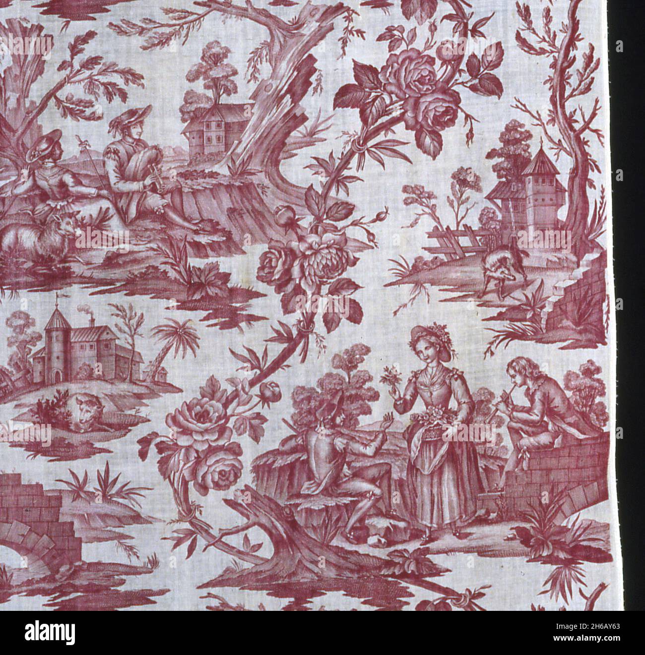 Panel (Furnishing Fabric), France, c. 1785. Floral print with rustic vignettes. Possibly manufactured by Oberkampf Manufactory. Stock Photo
