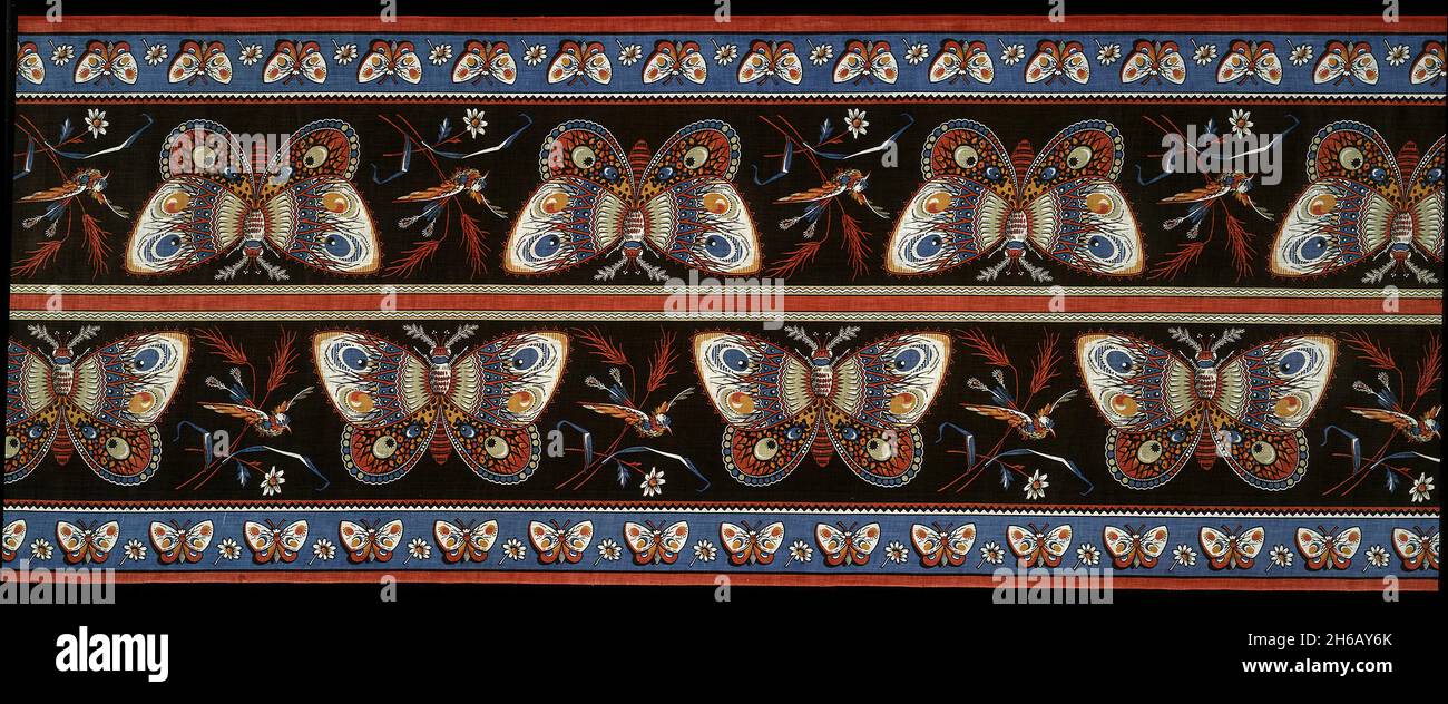 Panel (Furnishing Fabric), England, 1856. Roller-printed cotton cloth with butterfly motif, to be cut down the middle and used as borders for bedcovers and furnishings. Printed and manufactured by Lancaster Prints. Stock Photo