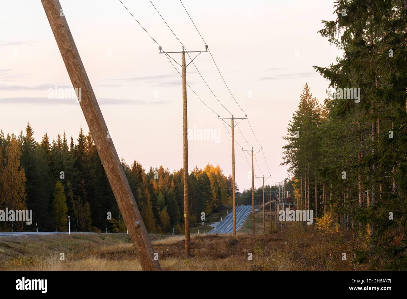 A line of power lines next to a road leading through Northern landscape in Finland. Stock Photo