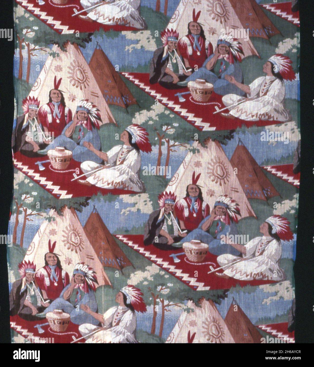 Panel (Furnishing Fabric), United States, 19th century. Motif of Native Americans sitting outside a tipi smoking pipes. Stock Photo