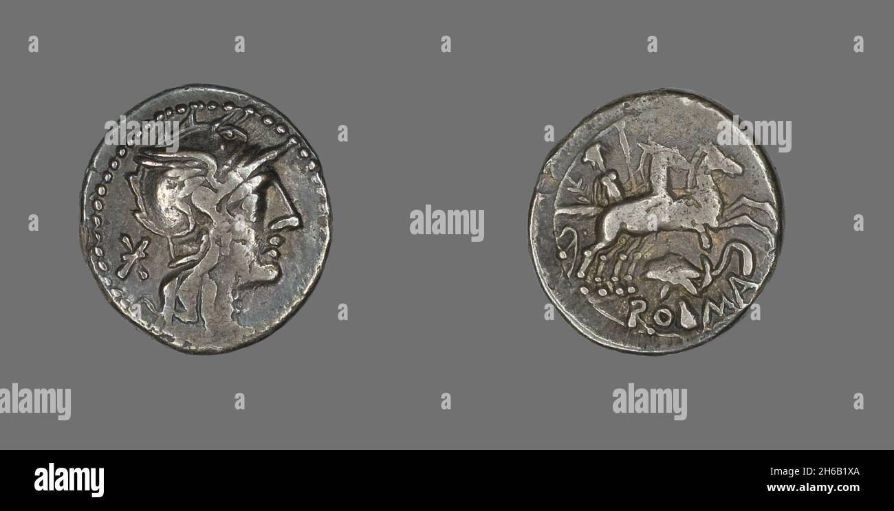 Denarius (Coin) Depicting the Goddess Roma, about 99 BCE. Stock Photo