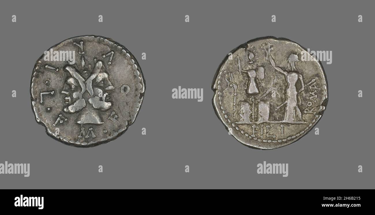 Denarius (Coin) Depicting the God Janus, 119 BCE. Stock Photo