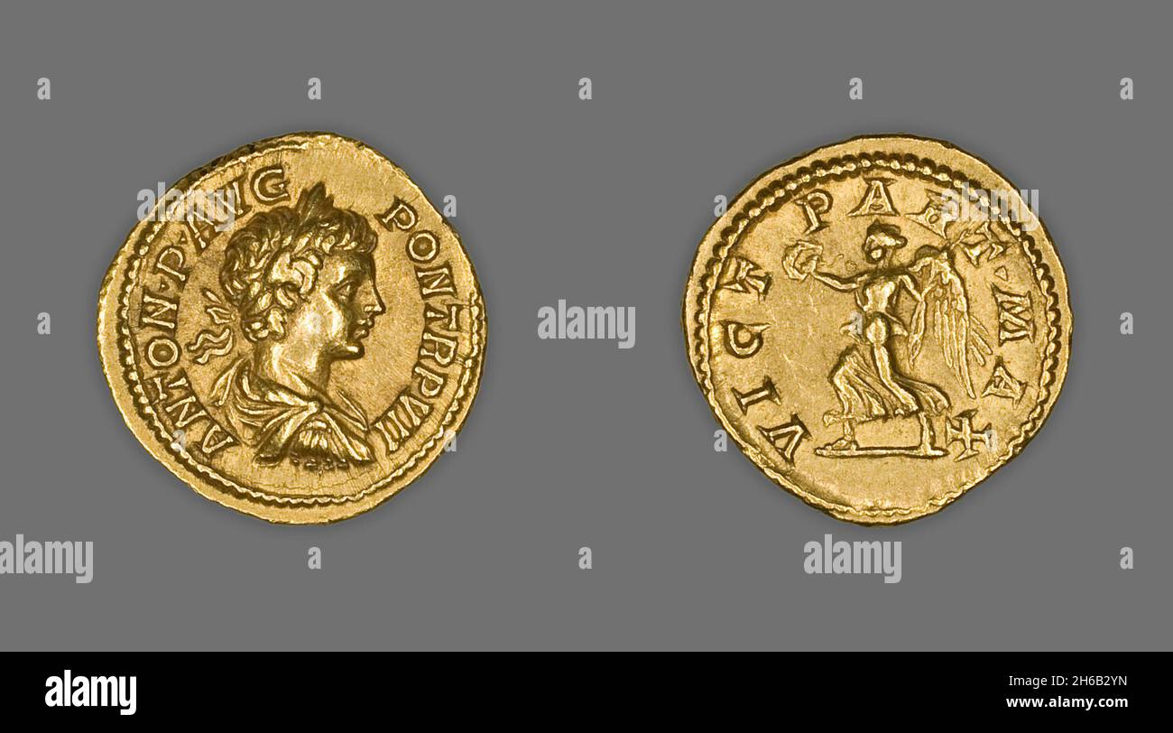 Aureus (Coin) Portraying Emperor Caracalla, 204 (January-April), issued by Septimius Severus. Stock Photo
