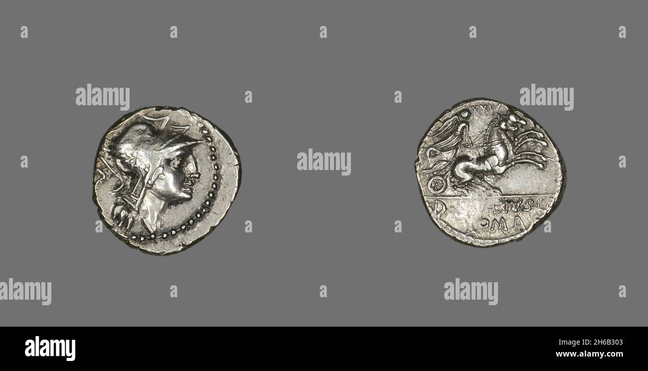 Denarius (Coin) Depicting the Goddess Roma, 91 BCE. Stock Photo