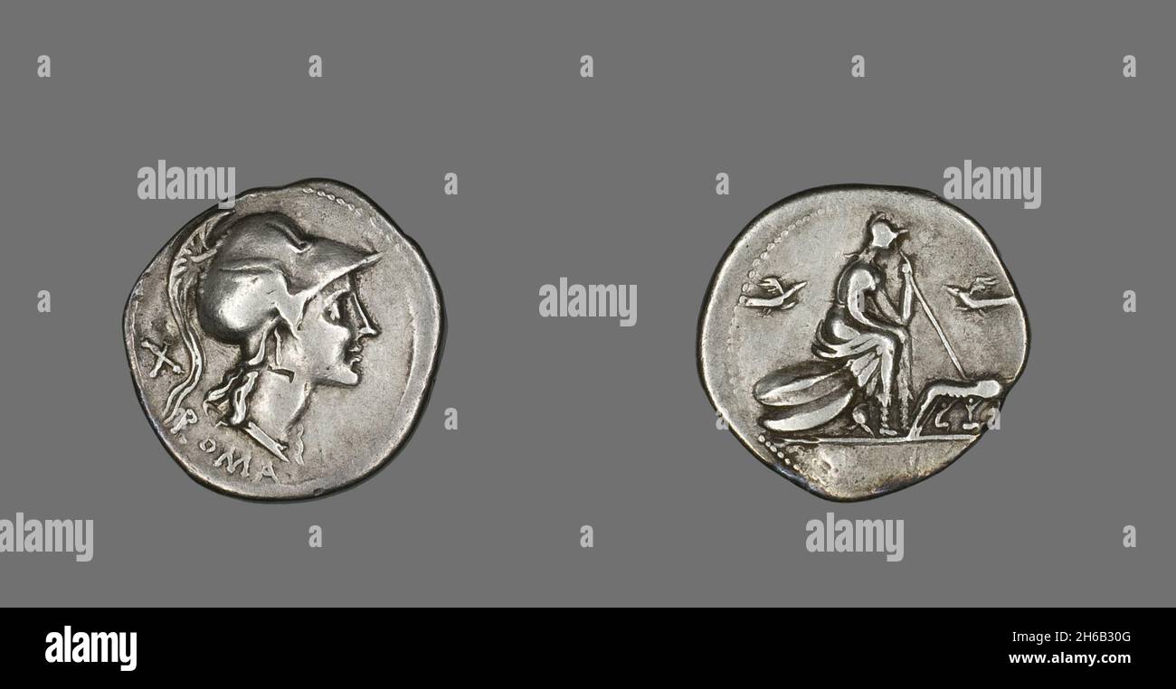 Denarius (Coin) Depicting the Goddess Roma, 115 or 114 BCE. Stock Photo