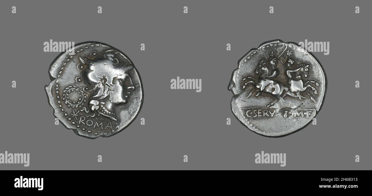 Denarius (Coin) Depicting the Goddess Roma, 136 BCE. Stock Photo