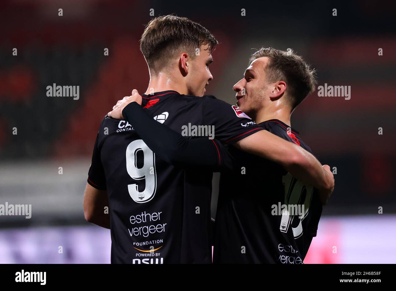 ROTTERDAM, NETHERLANDS - NOVEMBER 14: Thijs Dallinga of Excelsior Rotterdam celebrates after scoring his sides second goal with Reuven Niemeijer of Excelsior Rotterdam during the Dutch Keukenkampioendivisie match between Excelsior and Almere City FC at the Van Donge & De Roo Stadion on November 14, 2021 in Rotterdam, Netherlands (Photo by Herman Dingler/Orange Pictures) Stock Photo