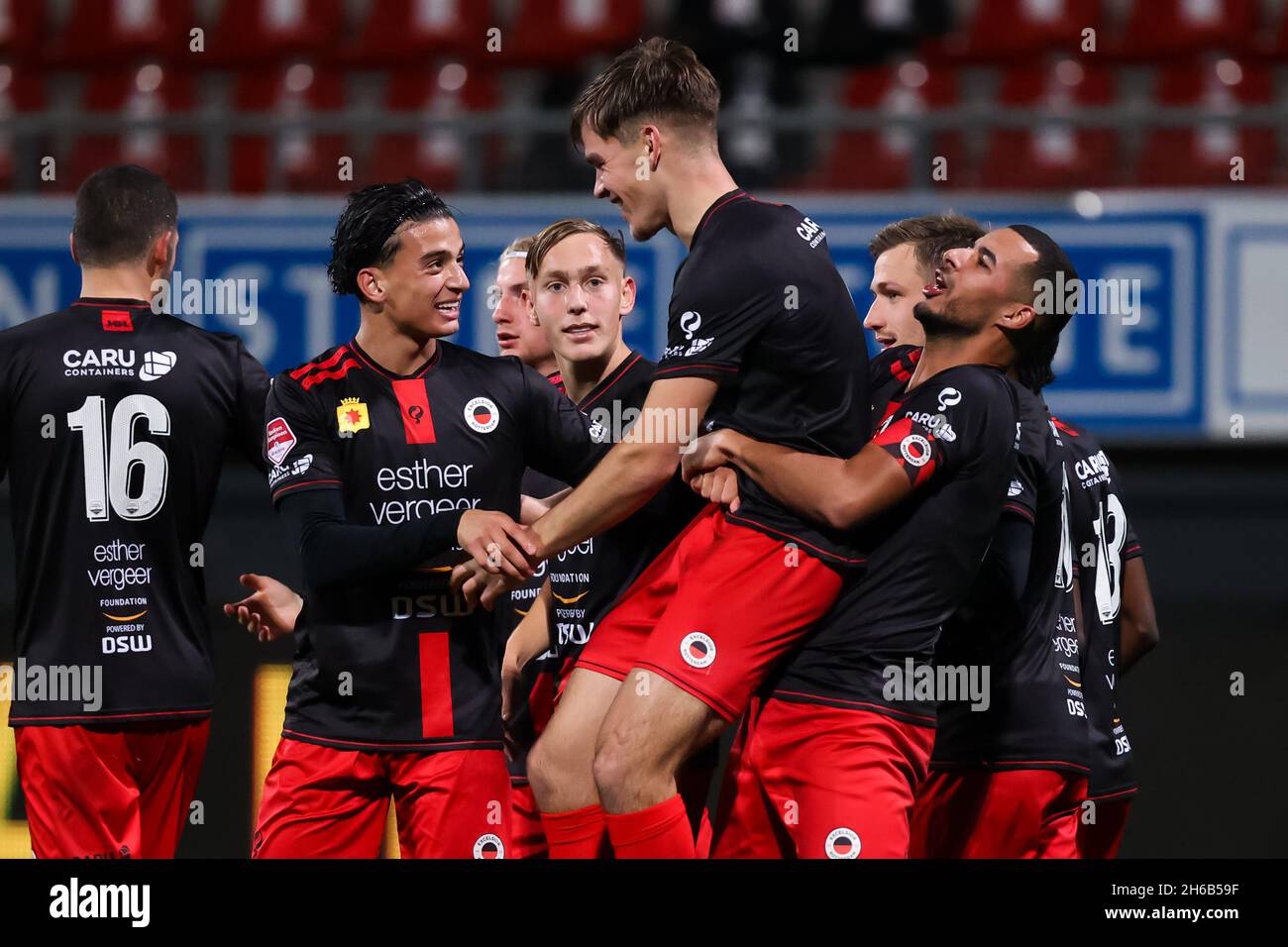 ROTTERDAM, NETHERLANDS - NOVEMBER 14: Abdallah Aberkane of Excelsior Rotterdam, Thijs Dallinga of Excelsior Rotterdam and Redouan El Yaakoubi of Excelsior Rotterdam celebrate their sides third goal during the Dutch Keukenkampioendivisie match between Excelsior and Almere City FC at the Van Donge & De Roo Stadion on November 14, 2021 in Rotterdam, Netherlands (Photo by Herman Dingler/Orange Pictures) Stock Photo
