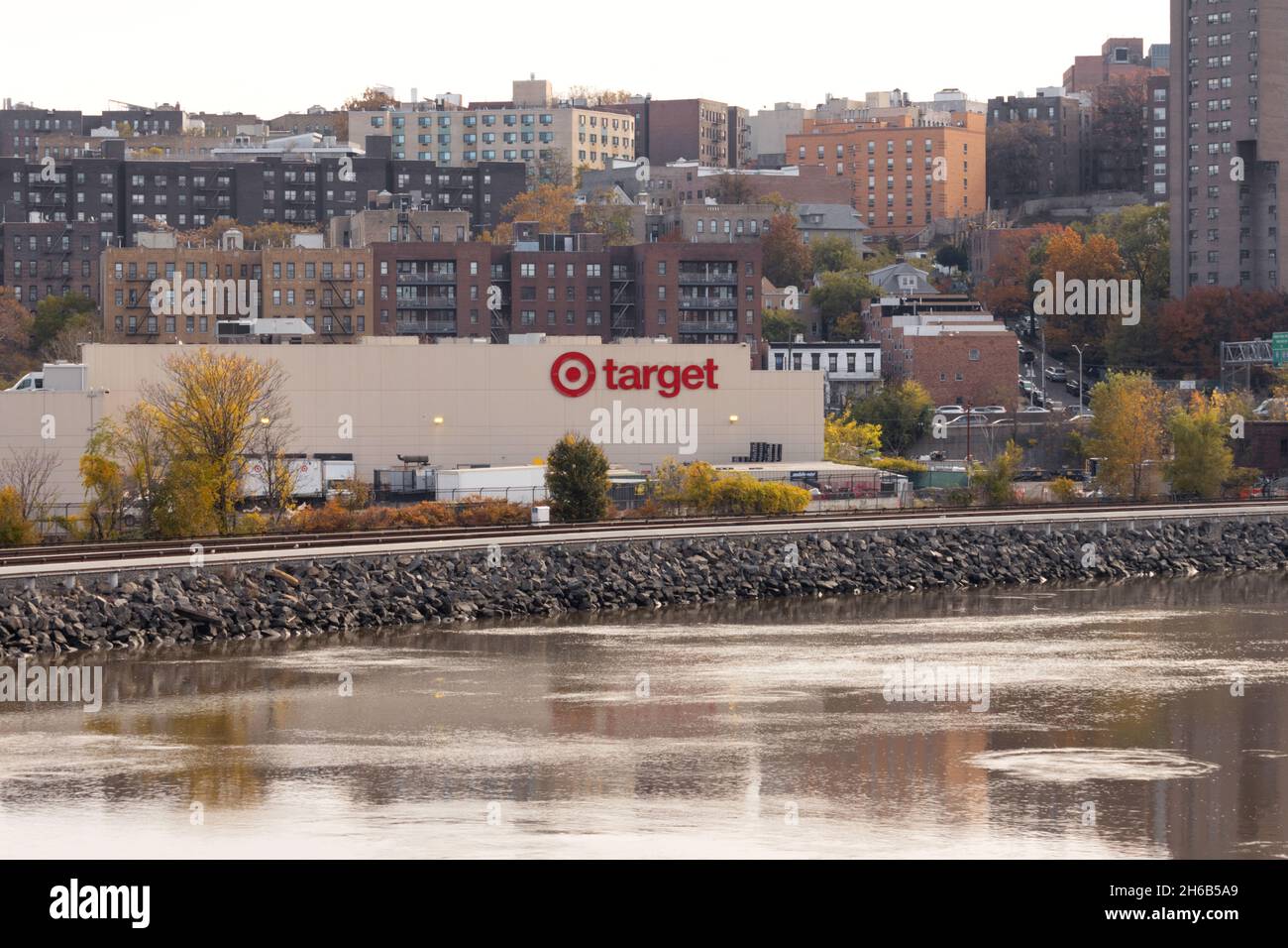 a Target retail store location in the Bronx seen from across the Harlem River, one of America's