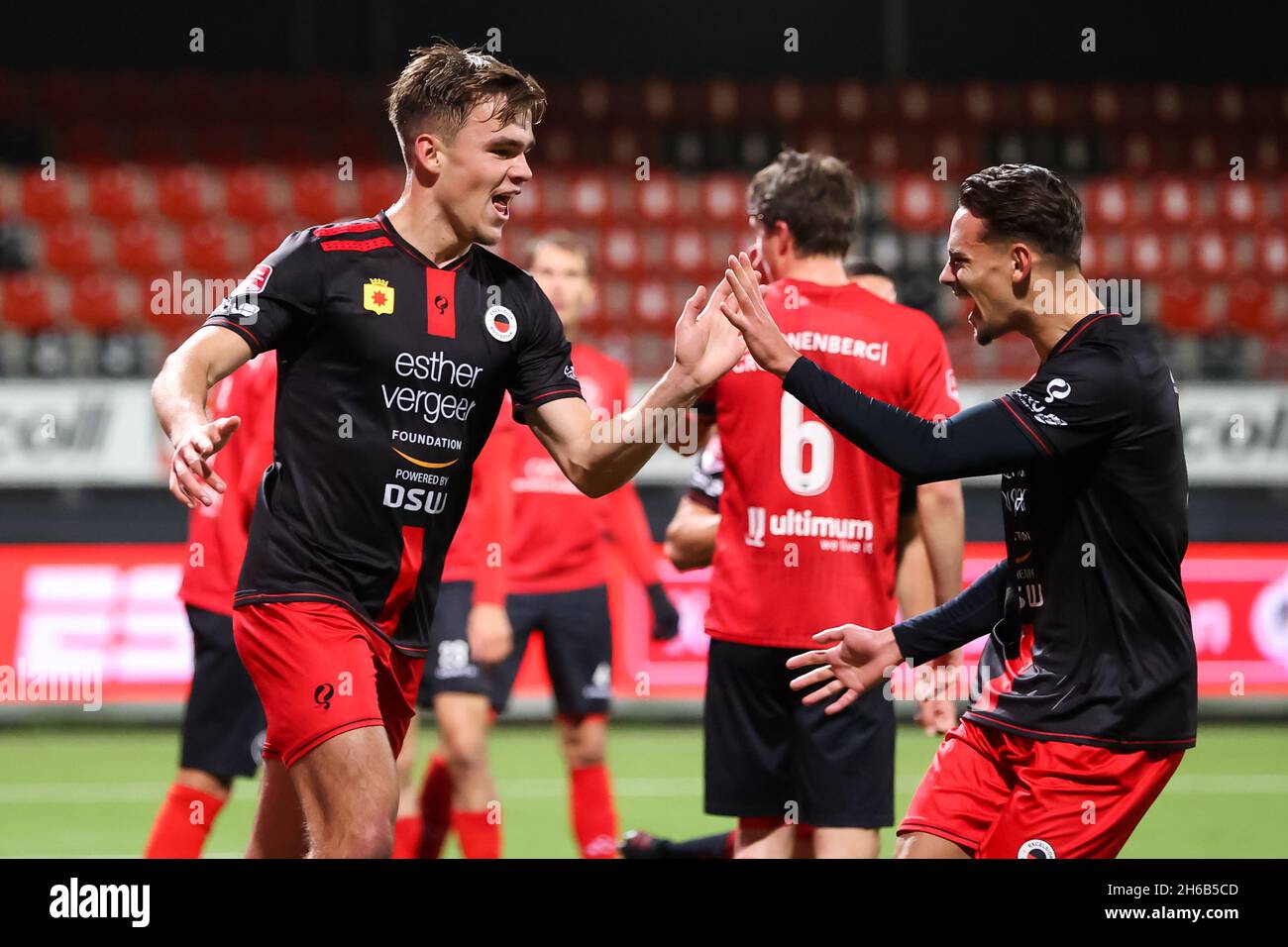 ROTTERDAM, NETHERLANDS - NOVEMBER 14: Thijs Dallinga of Excelsior celebrates with Siebe Horemans of Excelsior after scoring his sides second goal during the Dutch Keukenkampioendivisie match between Excelsior and Almere City FC at the Van Donge & De Roo Stadion on November 14, 2021 in Rotterdam, Netherlands (Photo by Herman Dingler/Orange Pictures) Stock Photo