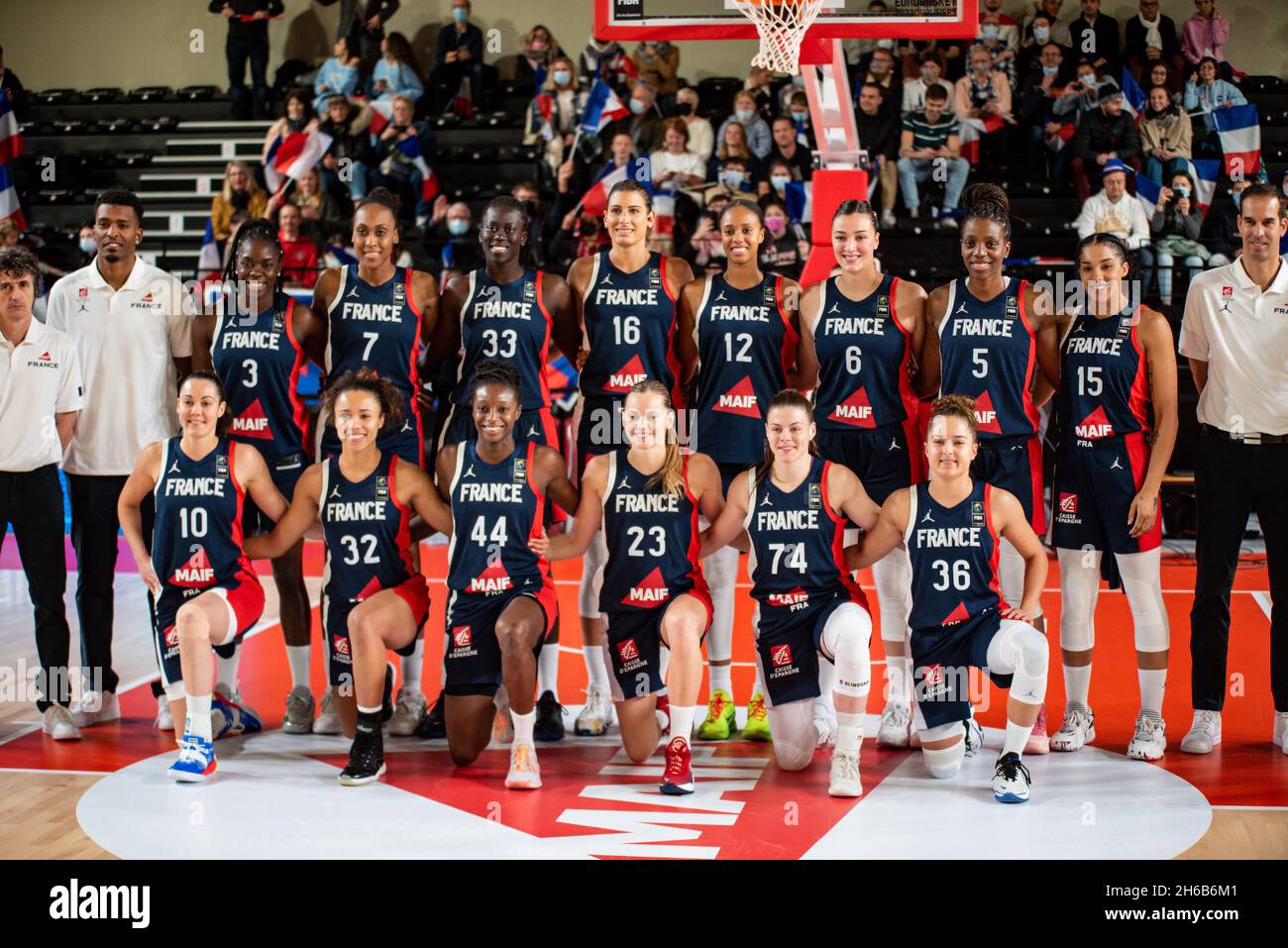 Villeneuve-d'Ascq, France. Nov 14 2021: The players of France ahead of the  FIBA Women's EuroBasket 2023, Qualifiers Group B Basketball match between  France and Lithuania on November 14, 2021 at Palacium in