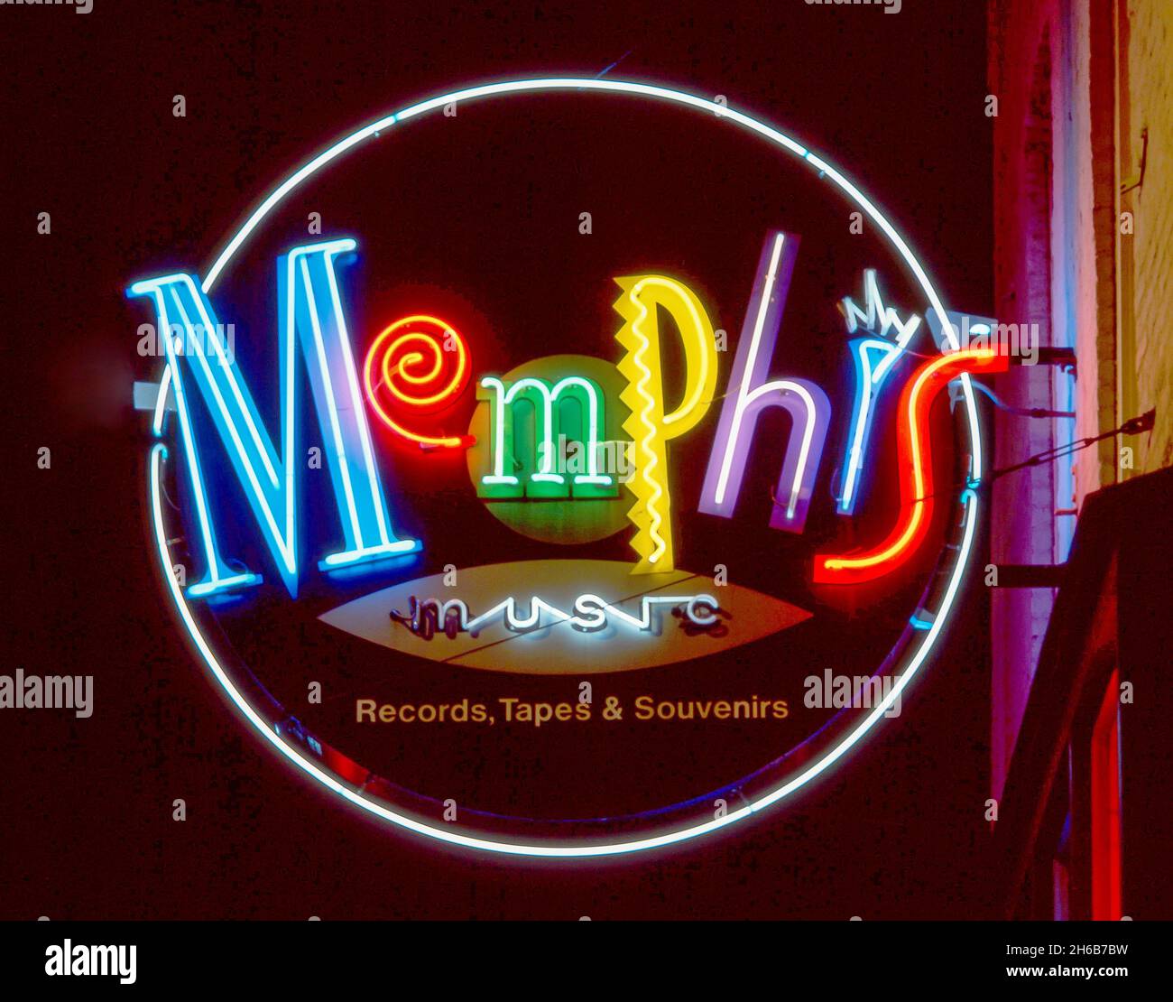 Memphis music sign at night on Beale Street, Beale Street District, Memphis, Tennessee, United States of America Stock Photo