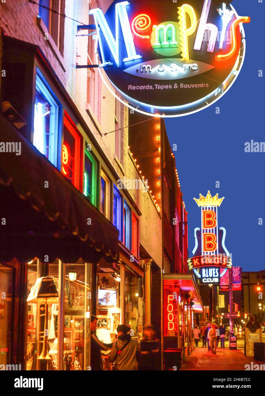 Beale Street at night, Beale Street District, Memphis, Tennessee, United States of America Stock Photo