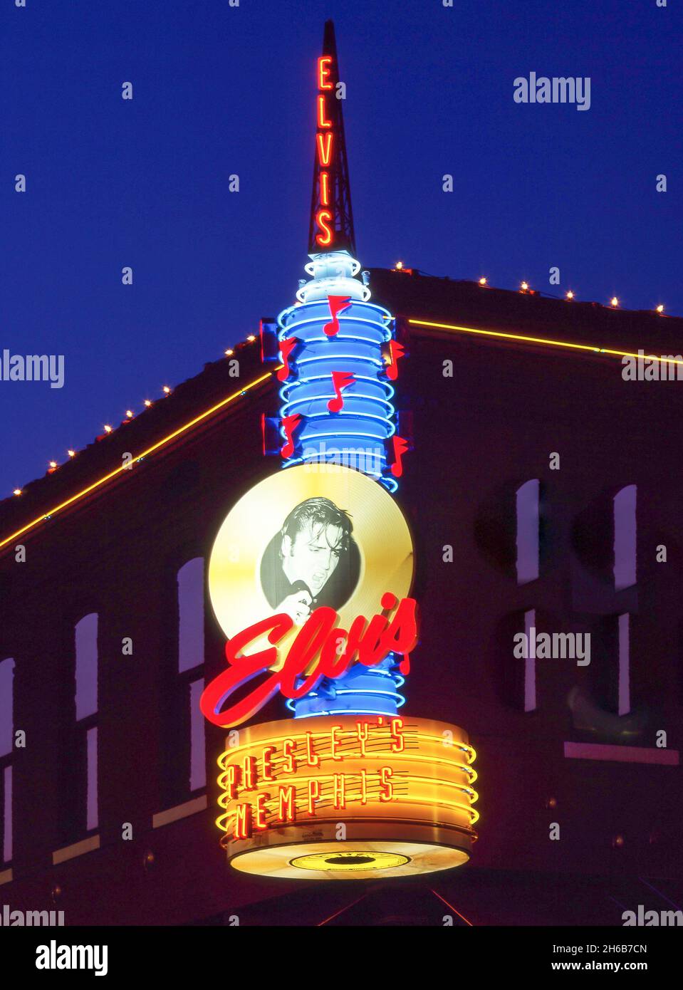 Elvis Presley Restaurant sign at dusk, Beale Street, Beale Street District, Memphis, Tennessee, United States of America Stock Photo