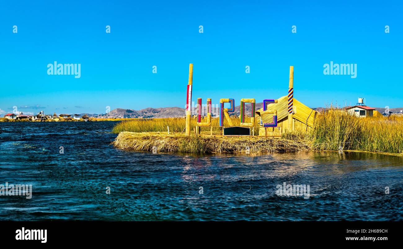 Entry to Uros Floating Islands on Lake Titicaca in Peru Stock Photo