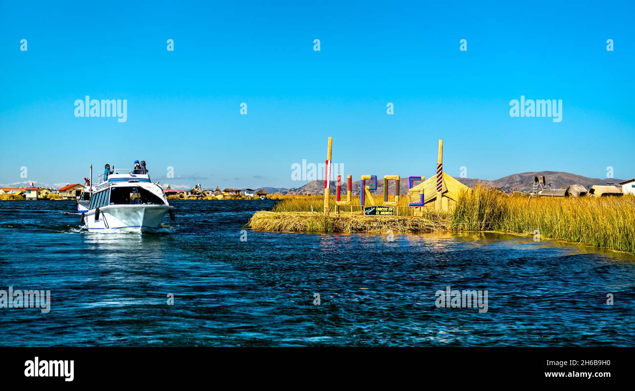 Entry to Uros Floating Islands on Lake Titicaca in Peru Stock Photo