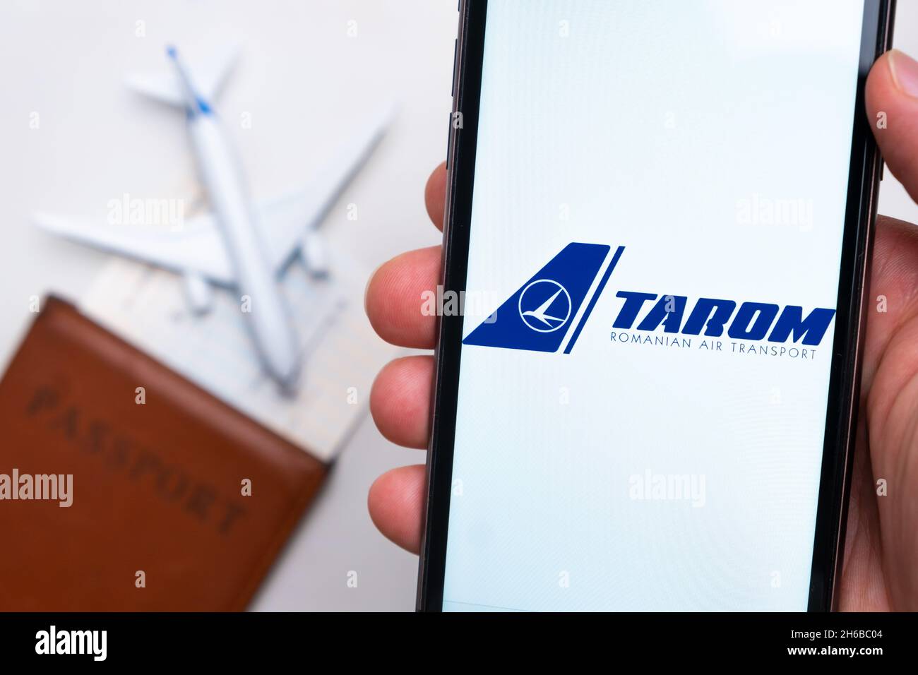 Tarom Romanian air transport airlines company app or logo displayed on ...
