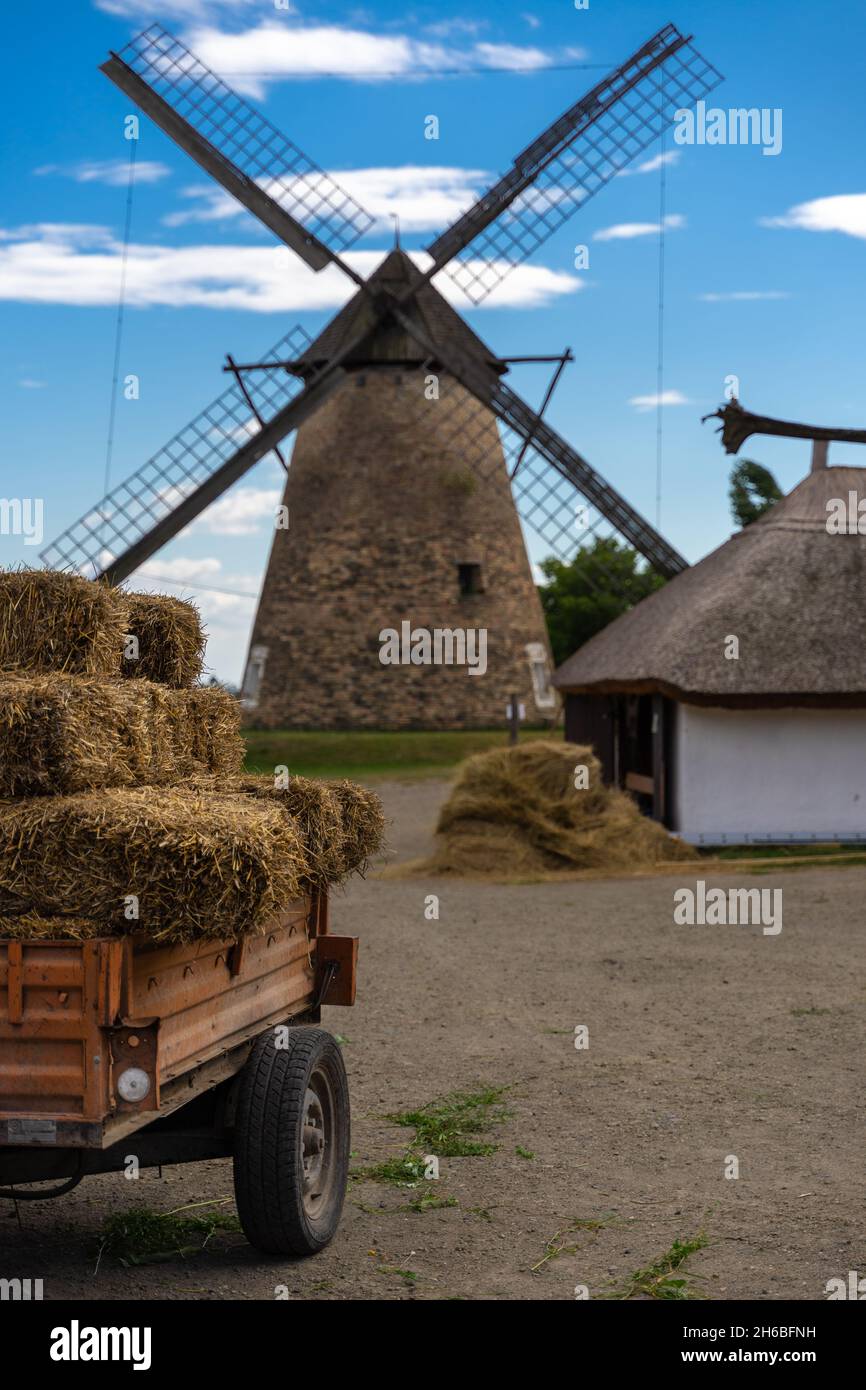 Hay wagon, old traditional Hungarian house and windmill in the Szentendre Skanzen, Hungary Stock Photo