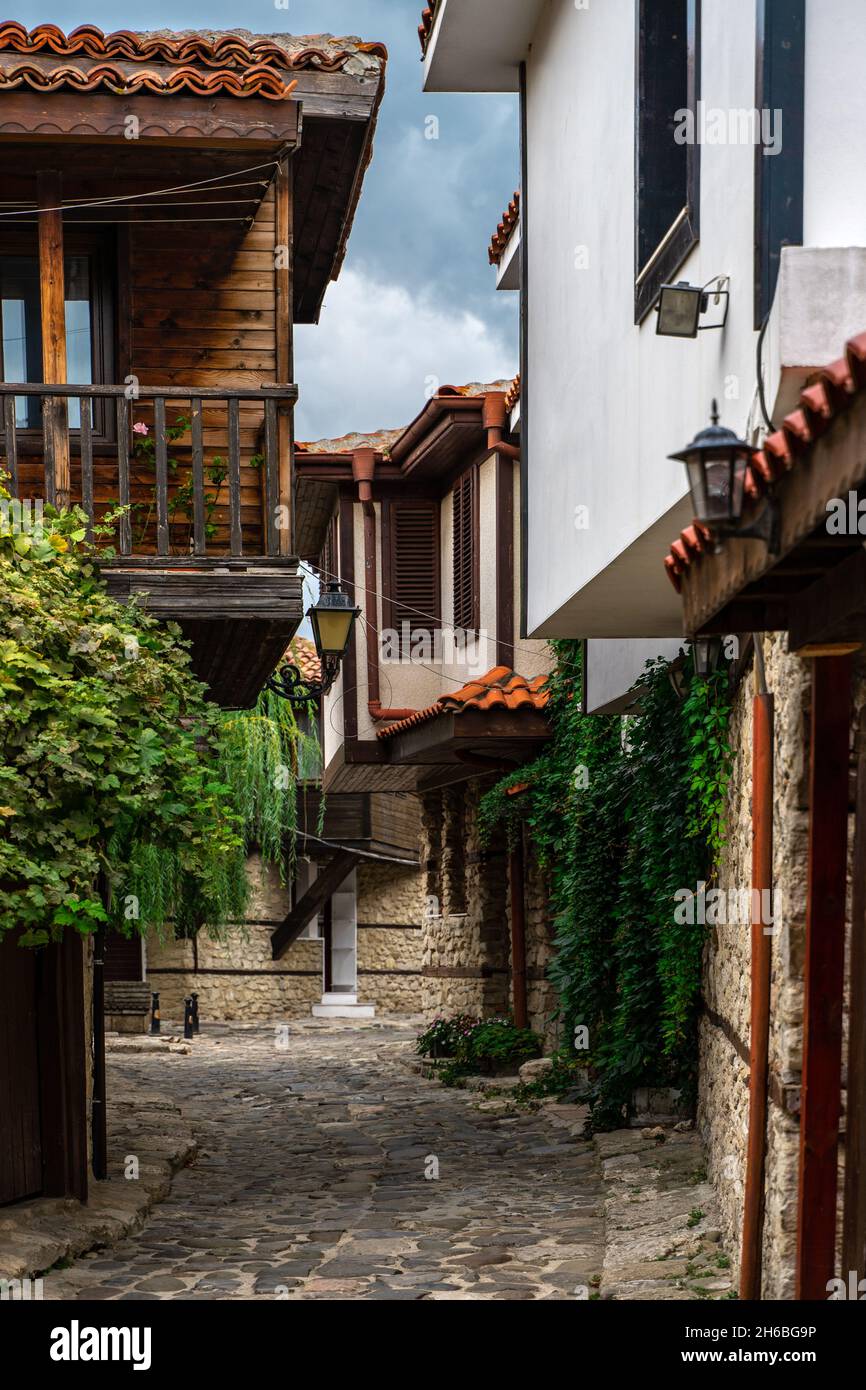 Lovely street with ancient houses in the old town of Nessebar, Bulgaria Stock Photo