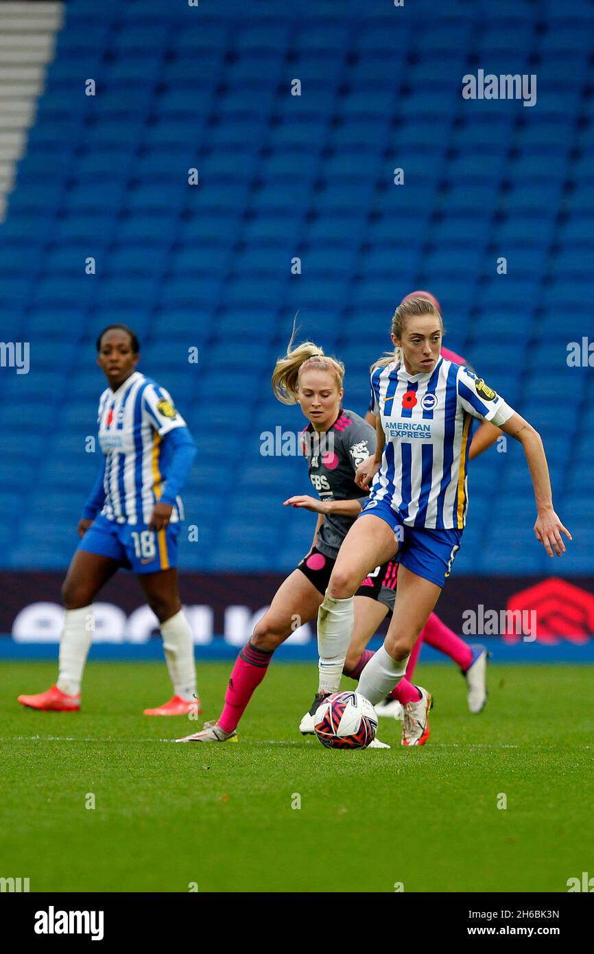 Brighton And Hove, UK. 14th Nov, 2021. Megan Connolly of Brighton & Hove Albion Women evading tackles during the FA Women's Super League 1 match between Brighton & Hove Albion Women and Leicester City Women at the American Express Community Stadium, Brighton and Hove, England on 14 November 2021. Photo by Carlton Myrie. Editorial use only, license required for commercial use. No use in betting, games or a single club/league/player publications Credit: UK Sports Pics Ltd/Alamy Live News Stock Photo