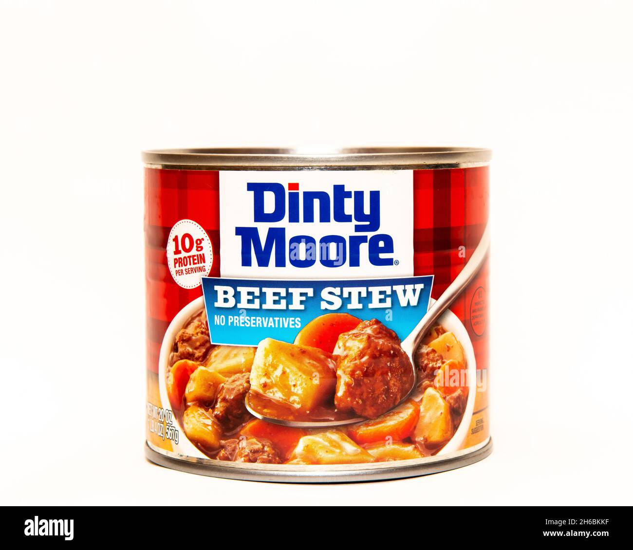 A large can of Dinty Moore Hearty beef stew isolated on white. Stock Photo