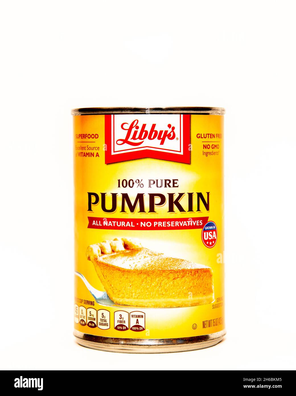 A can of Libby's 100% pure pumpkin, a gluten free superfood that's all natural with no preservatives. Stock Photo