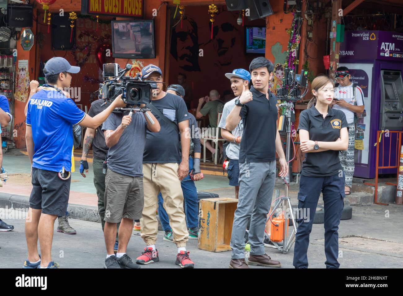 Film crew making movie on Khao San Road in Bangkok, Thailand. Stock Photo