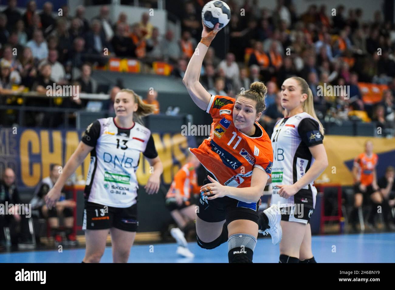 Odense, Denmark. 14th Nov, 2021. Rikke Iversen (11) of Odense Handball seen  in the DELO EHF Champions League match between Odense Handball and Vipers  Kristiansand at Sydbank Arena in Odense. (Photo Credit: