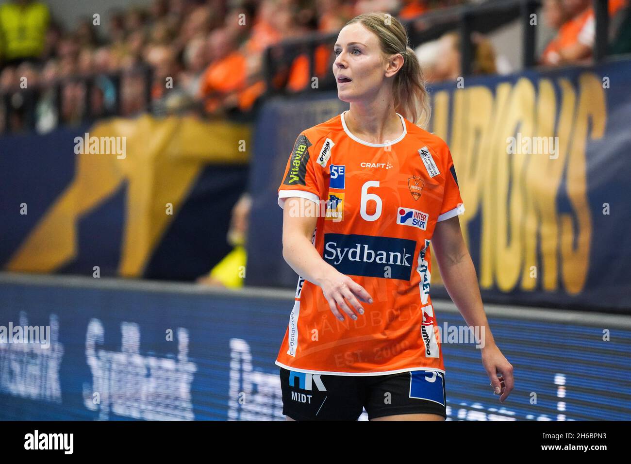 Odense, Denmark. 14th Nov, 2021. Freja Cohrt (6) of Odense Handball seen in  the DELO EHF Champions League match between Odense Handball and Vipers  Kristiansand at Sydbank Arena in Odense. (Photo Credit: